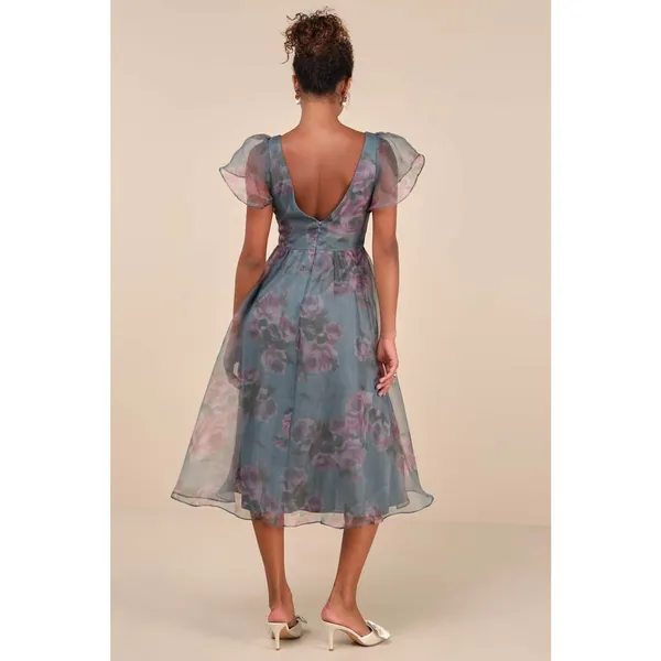 NWT Lulus Mesmerizing Mood Slate Floral Organza Ruffled A-Line Midi Dress Sz XL - Image 3