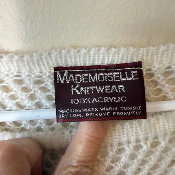 Mademoiselle Women Sweater Cream Open Knit Drawstring Hem Boat Neck Vintage L - Image 2