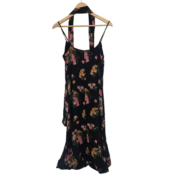 Reformation Midi Dress Womens 6 Floral Black Pink Scarf Neck Viscose EUC - Image 3