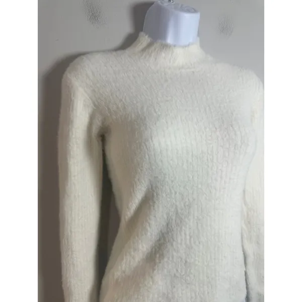 Zara Womens Cream Fuzzy Eyelash Knit Mock Neck Sweater Small Ribbed Ivory Soft - Image 2