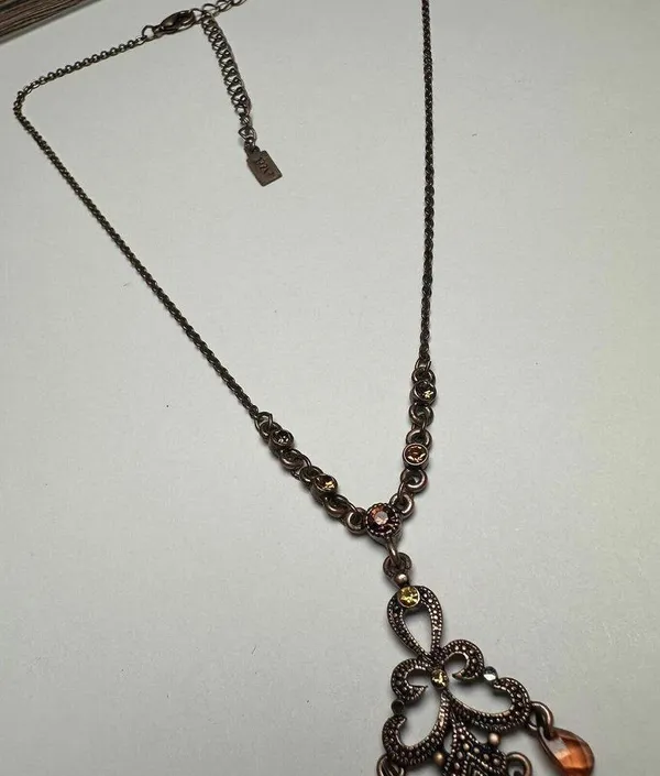 1928 Collection Rhinestone Pendant Copper Tone Necklace Orange / Amber Shades - Image 4