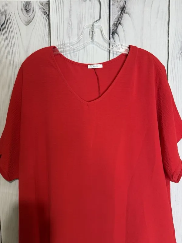 Jodifl Womens Sz M Red V-Neck Short Sleeve Blouse Top Oversized - Image 2