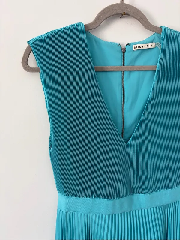 Alice + Olivia Joleen V Neck Pleated Skirt Handkerchief Midi Dress Teal Blue 4 - Image 2