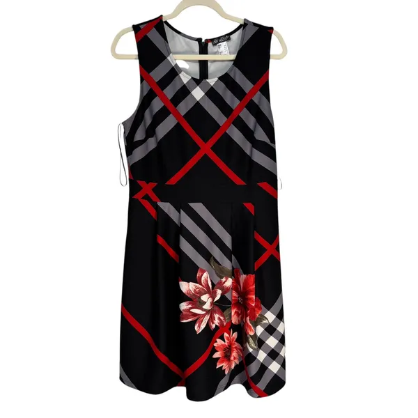 Venus Black‎ Red Gray Plaid Floral Sleeveless Knee Length Dress Women's Size L - Image 2