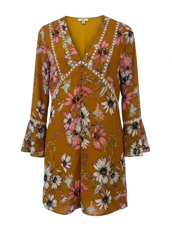 entro Mustard Floral V-Neck Mini Dress size M - Image 2