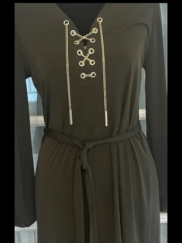 Michael Kors Olive Lace Up Belted Long Sleeve Shift Dress Size S - Image 4