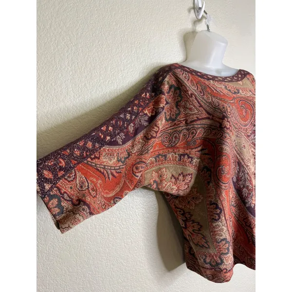 Chicos 2 US Large Paisley Knit Top Orange Purple Metallic Dolman Sleeve 3/4 Chic - Image 7