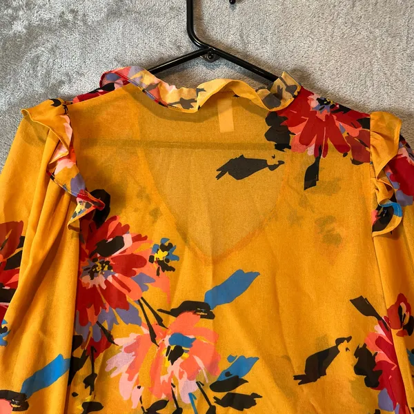 Hutch Anthropologie Yellow Floral Boho Sheer Blouse Ruffle VNeck Poet Sleeves XS - Image 3