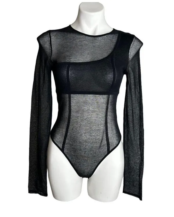 Gauge81 Feriz Womens Black Sheer Round Neck Long Sleeve Bodysuit Small ($355) - Image 2