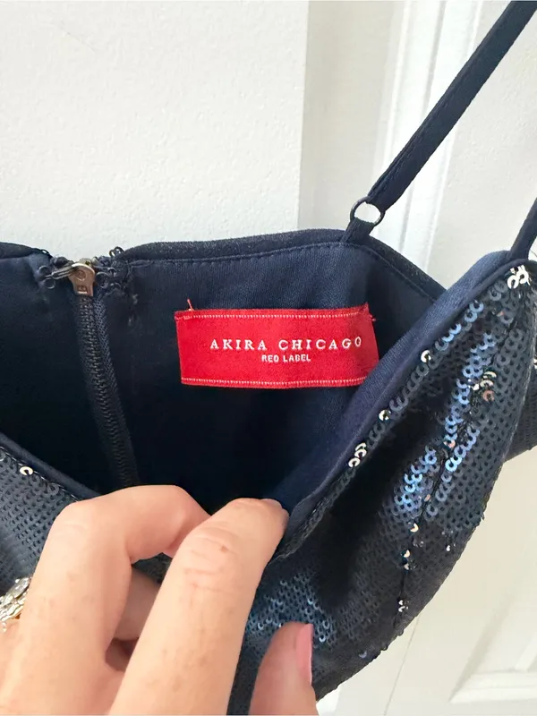 AKIRA Navy Blue Sequin Whimsygoth Fairy Bustier Crop Top with Adjustable Straps - Image 2