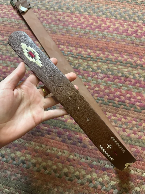 Brown Vegan Leather Belt with Southwestern White Diamond Embroidery - Image 4