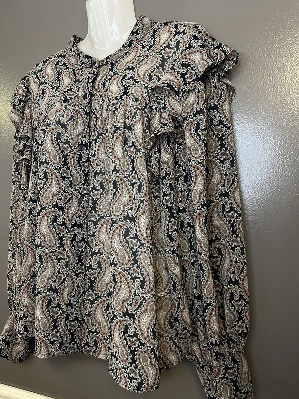Banana Republic Blouse Womens XL Black Paisley Ruffle Henley Long Sleeve Top - Image 6