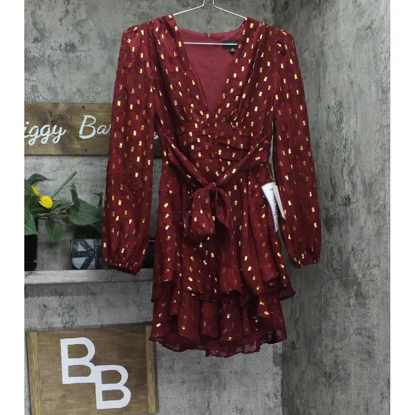 NWT B. Darlin Double Tiered Chiffon Sheer Puff Sleeve Dress Wine Red / Gold 1/2 - Image 5