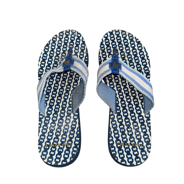 Tory Burch Striped Logo Flip Flops Women 10 Blue White Good Nautical Beach Thong - Image 3