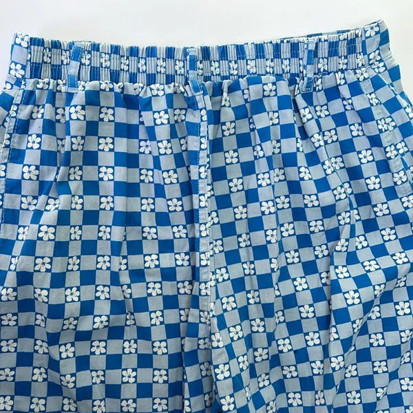 Wild fable pull on wide leg high rise pants retro blue white check with flowers - Image 6