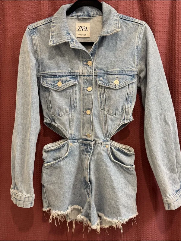 Zara Light Blue Denim Cutout Short Overalls - Image 2