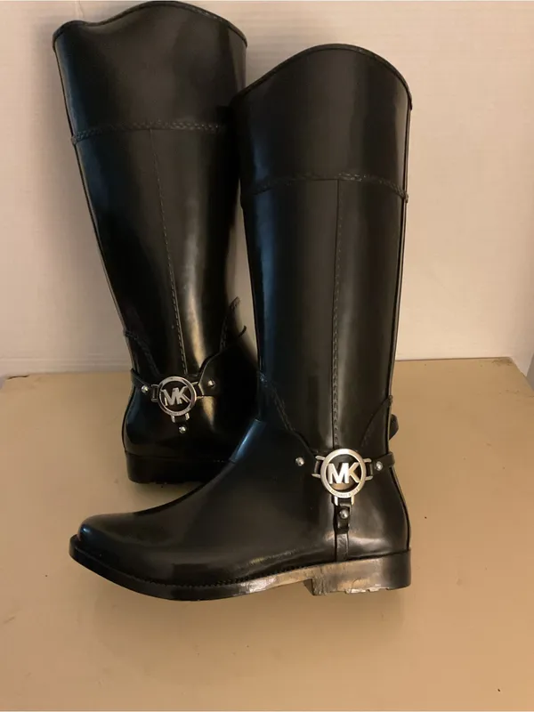 Michael Kors women Glossy Black Tall MK Logo Fulton harness Rain Boots US 8 - Image 11