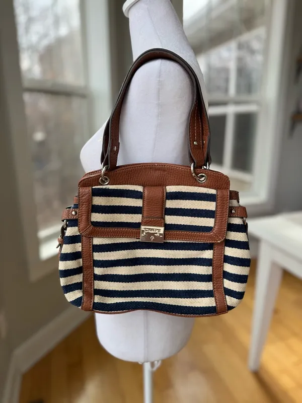 Vintage Chaps Navy Blue and Ivory Striped Shoulder Bag Purse - Image 10