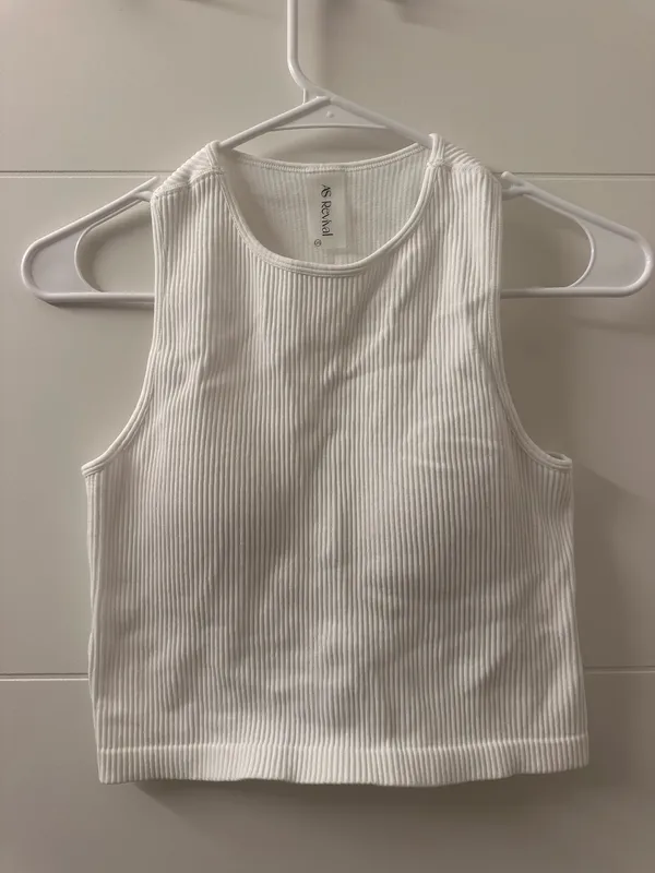 Women’s White Ribbed Crop Tank Top – Sleeveless High-Neck - Image 2