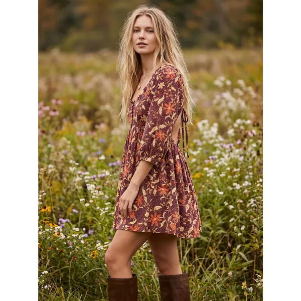 Free People Western Bohemian Dainty Lola Mini Dress Mocha Combo Large Floral NWT - Image 7
