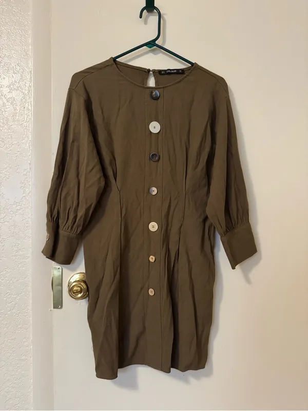 Zara Khaki Green Pleated Dress with Contrasting Statement Buttons Size M - Image 2