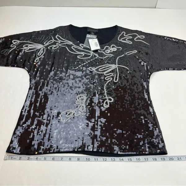 Investments Black‎ Sequin Top Short Sleeve Squiggle Size Small NEW *FACTORY FLAW - Image 10