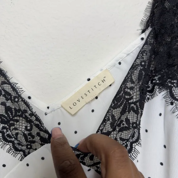 Lovestitch‎ Women Babydoll Tank Top Large White Black Polka Dot Lace Trim Whimsy - Image 2