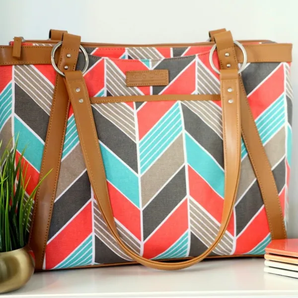 Kailo Chic Coral & Turquoise Chevron Fabric Laptop Organizer Bag Travel Tote - Image 5