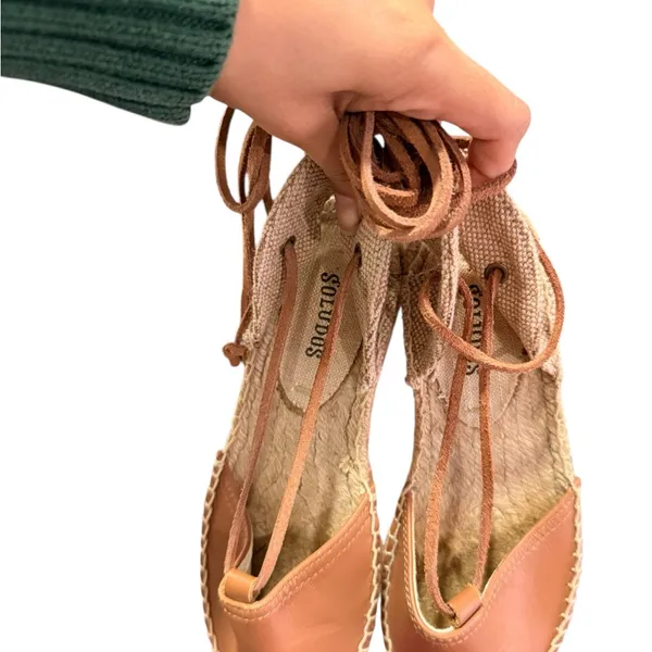 SALUDOS Wrap Gladiator Leather Tan Espadrille Flats Size 6 - Image 9