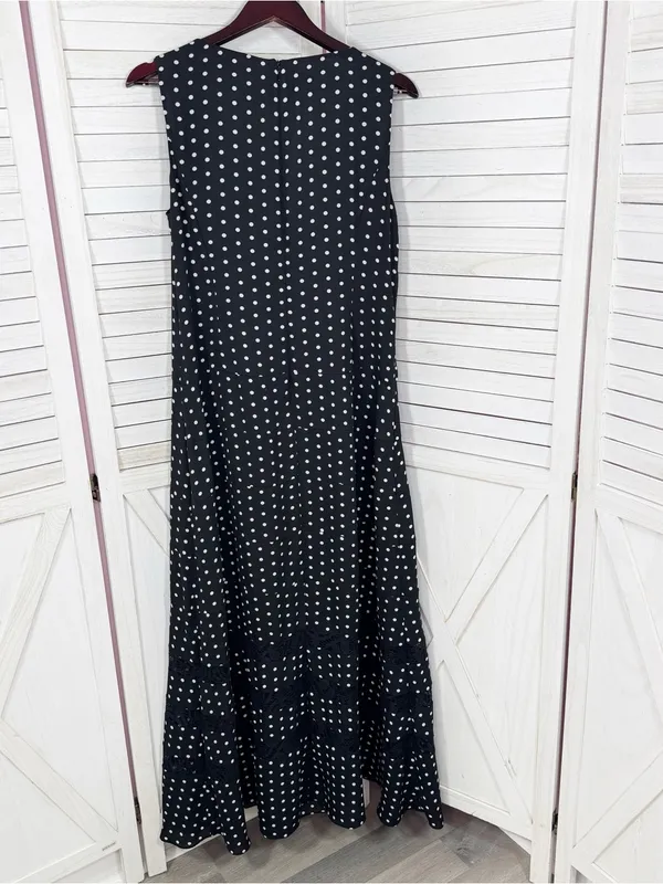 Anne Klein Polka Dot Lace Inset Sleeveless Maxi Dress Black White 12 Chiffon - Image 10