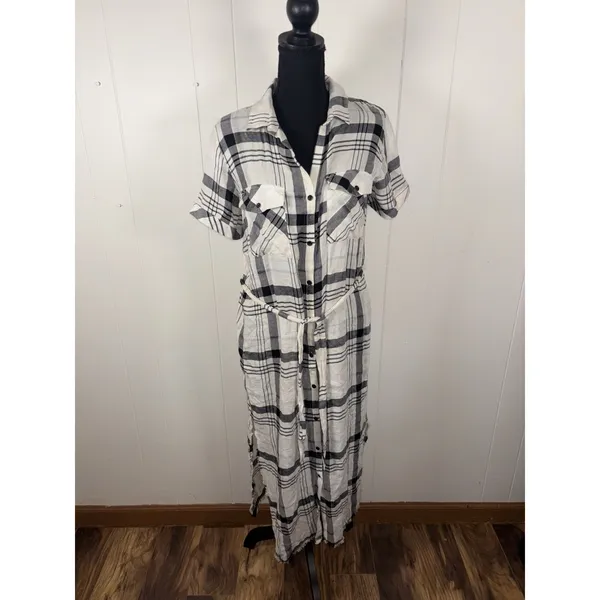 Anthropologie Cloth & Stone Hannah Shirtdress M Plaid‎ Short Sleeve Belted White - Image 2