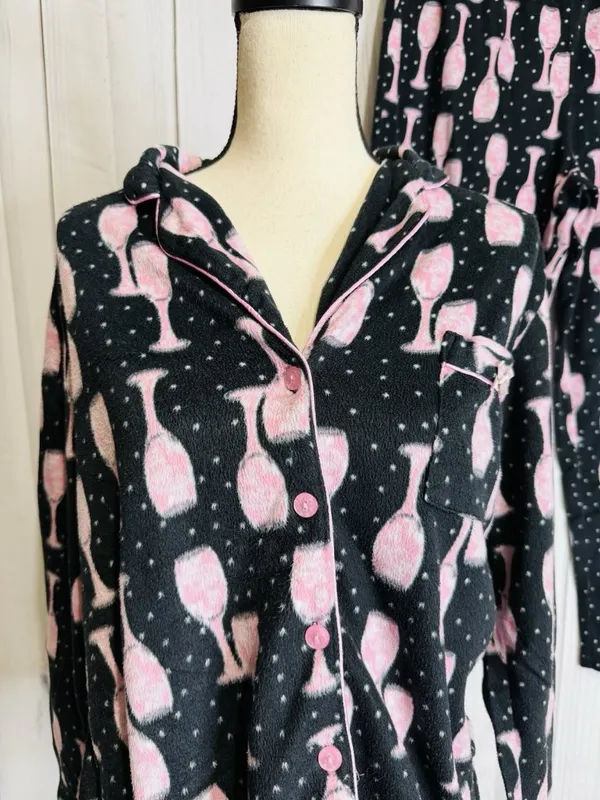 Charter Club Intimates Pajama Set Sz L Black Pink Wine Glasses Fleece Pockets - Image 2