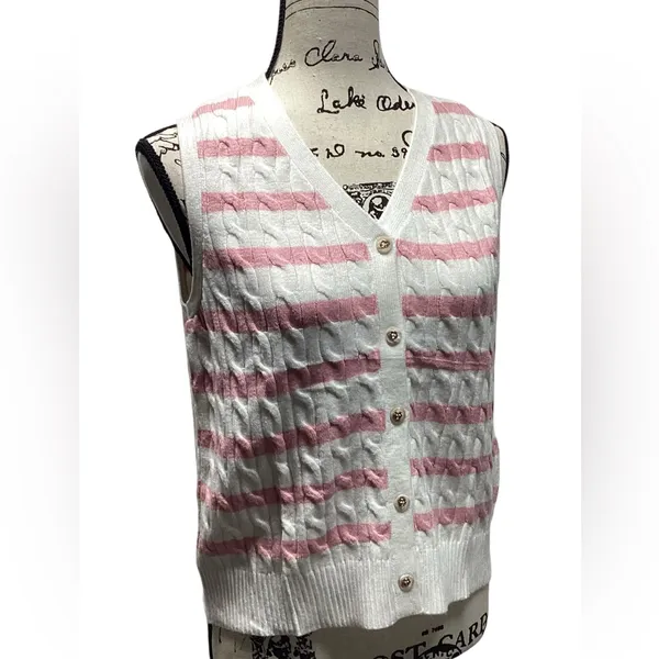 Wiholl cable knit sleeveless sweater. Pink on ivory stripes. Size Small - Image 6
