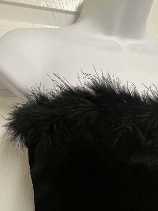 Zaful Black Velour Feather Trim Bodysuit - Image 5