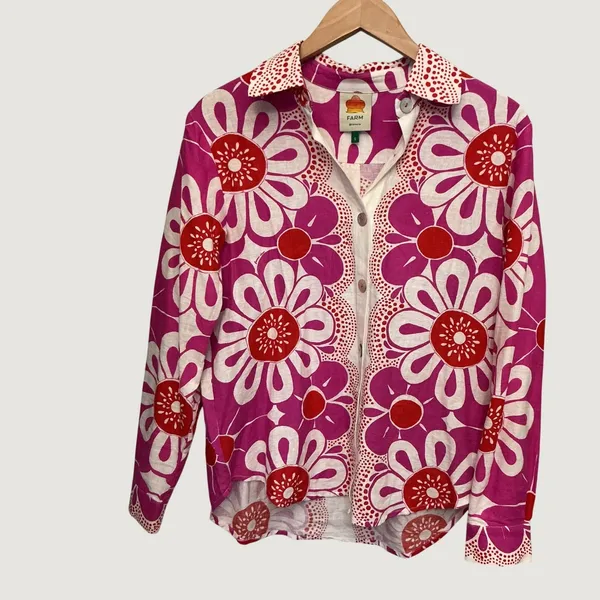 Farm Rio Pink Red Giant Daisy Floral Linen Blend Button Down Shirt Small - Image 9
