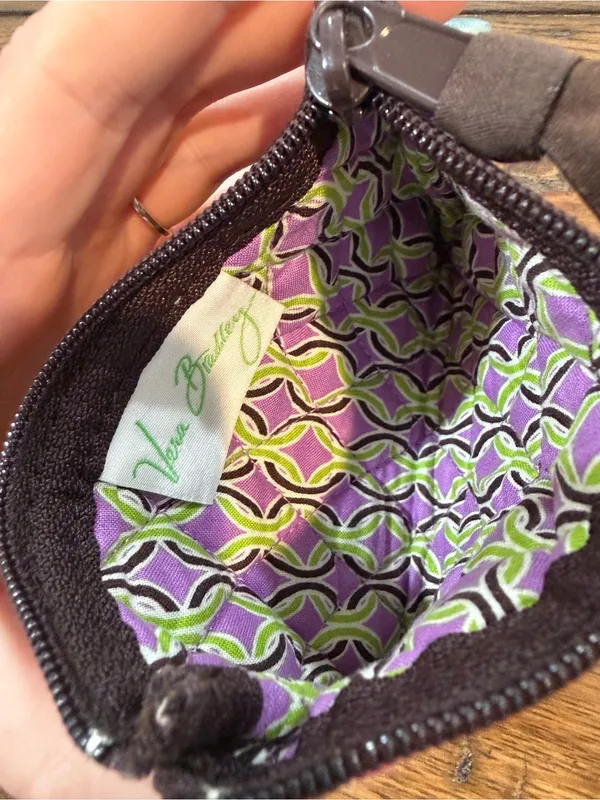 Vera Bradley Quilted Small Zip Coin Pouch in Purple, Green & Brown - Image 4