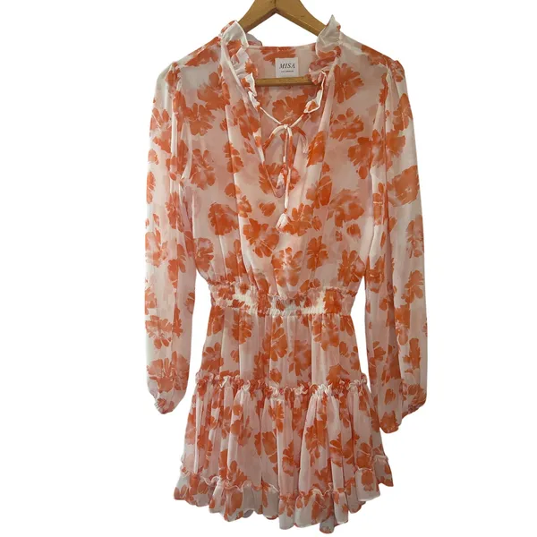 MISA Los Angeles Lorena Orange Floral Ruffle Mini Dress XS Long Sleeve‎ - Image 3