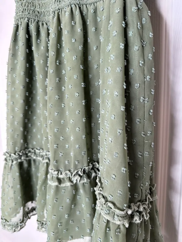 Trixxi Sage Green Swiss Dot Smocked Mini Dress Size Small Boho Cottagecore - Image 2