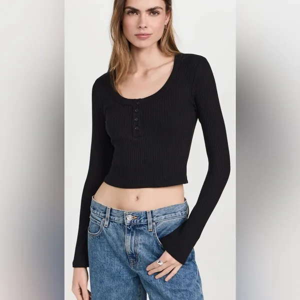 Reformation Billie Knit Top Ribbed Cropped Black Long Sleeve Medium $98 - Image 4