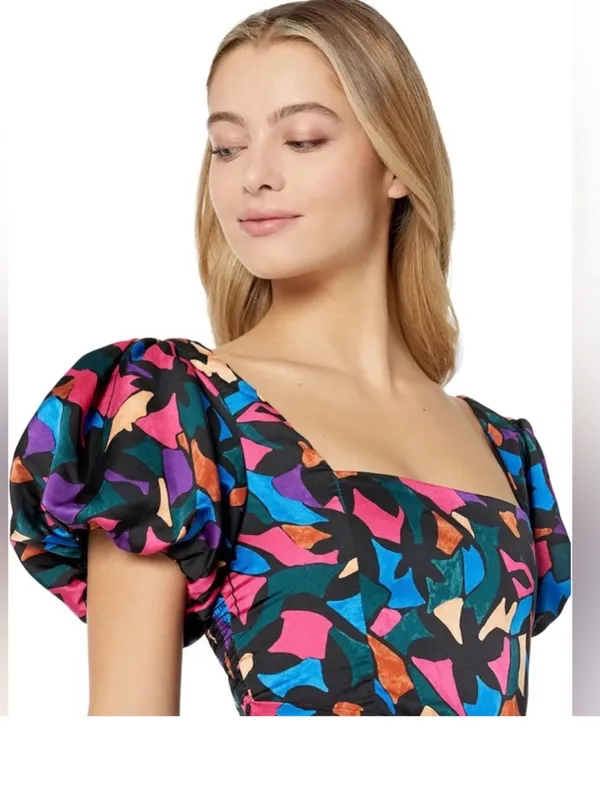 Show Me Your Mumu Danielle Mini Dress Geometric Multicolored Puff Sleeve Size M - Image 4