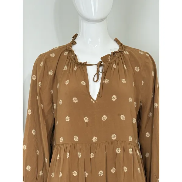 Madewell Women’s Brown Floral Tiered Mini Dress Long Sleeve Peasant Boho Size M - Image 4
