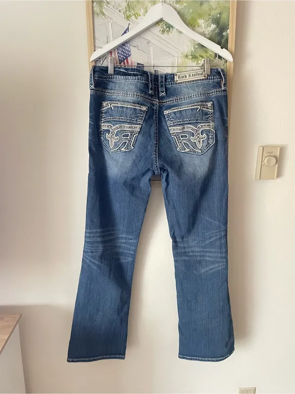 Rock Revival Doreen Easy Boot Cut Jeans Rhinestone Fleur De Lis Size 32 - Image 3
