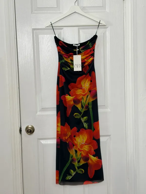 Zara Floral Strapless Bodycon Midi Dress Black Red Orange Summer Date Night S - Image 2