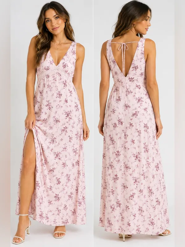 Target Wild Fable Pink Purple Floral Satin Lace Trim Maxi Dress Women’s L NWT - Image 2