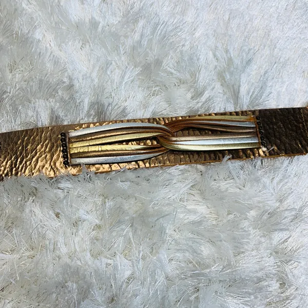 Fossil Gold Silver Wide Leather Belt Sz Medium - Image 8