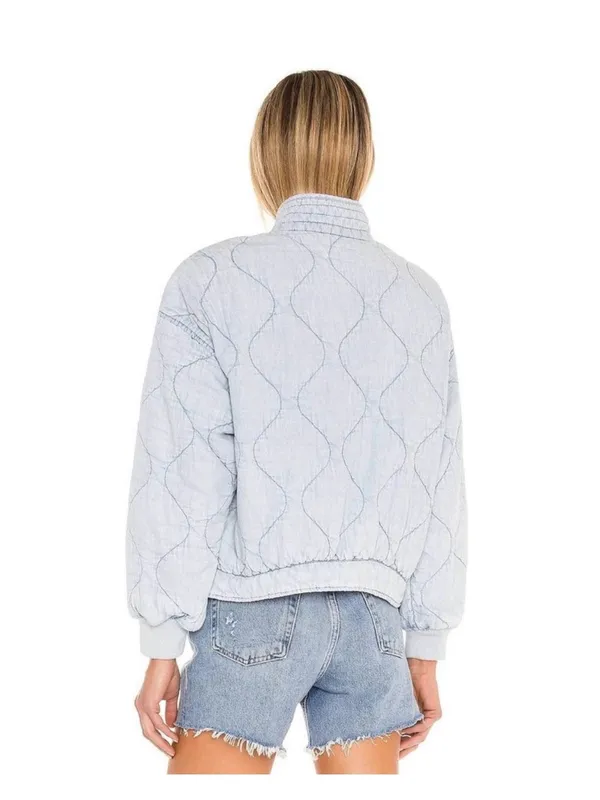 Kensie Jeans Quilted Denim Bomber Jacket Light Acid Wash Chambray Size M - Image 2