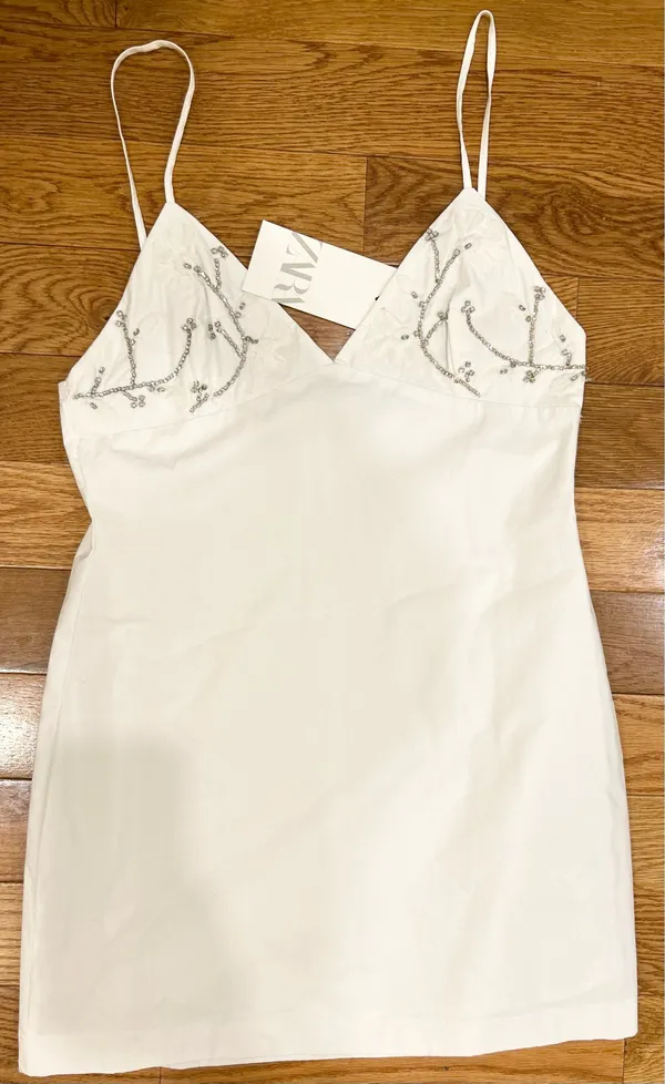 Zara viral tik tok Poplin Mini Dress with jewel appliqué/ floral embroidery M - Image 5