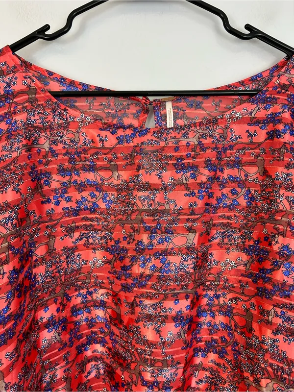Free People Pink/Blue Metallic Smocked Floral Dolman Sleeve Peplum Top Large - Image 2