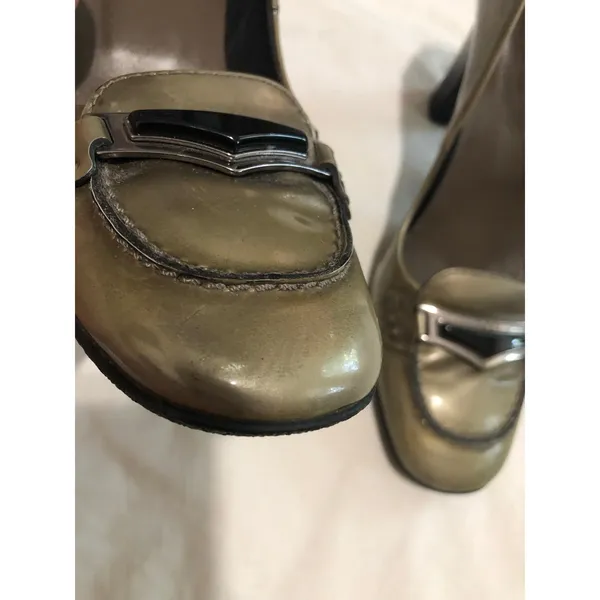Vintage Tods Bronze Green Metallic Leather Block Heel Loafers 37.5 Y2K 90s - Image 9