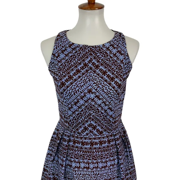 Anthropologie Eva Franco Blue Brown Geometric Fit And Flare Sleeveless Dress 4 Retro‎ Chic - Image 2